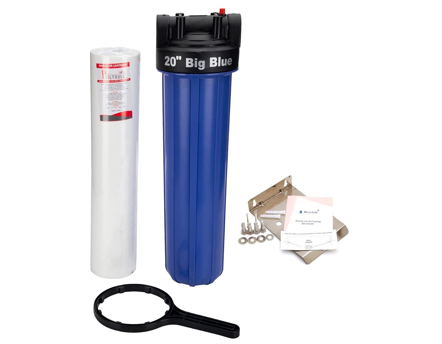 RiverSoft Sediment Filter Assembly ASP-20, Spun Cartridge 5 Micron for filtering sediments, Install in mainline 1 inch inlet/outlet (20 inch size, PP).