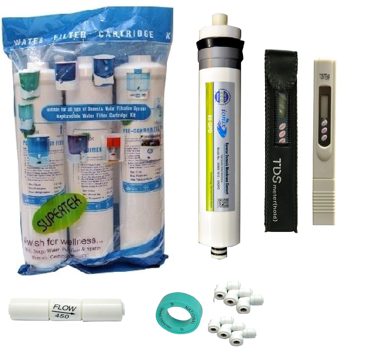 Ionix Universal Type Ro Membrane 80 GPD Original/Ro Service kit & TDS Meter for Water Testing Combo for All Storage Type RO Water purifiers (Full Filter Set with TDS Meter)