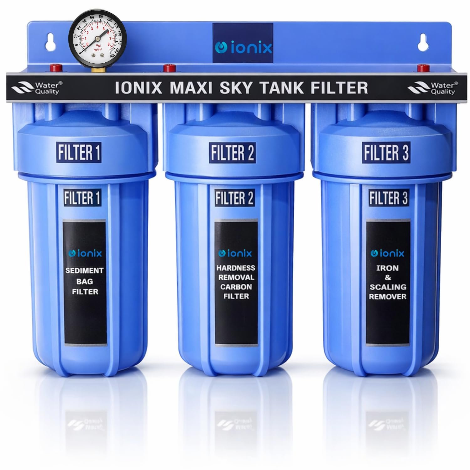IONIX Sky Tank filteration system with German Housings | Water filter for Flats/Water filter for Builder floors | Small size 12 inchesWhole house|, 1 Set, Blue