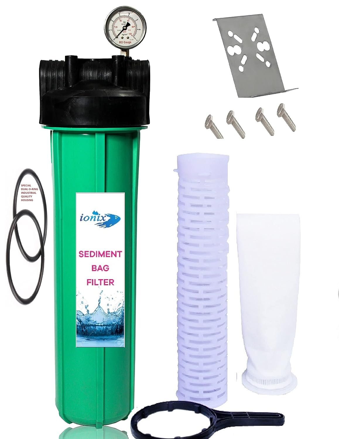 IONIX Double Silicon O ring Industrial Quality Bag filter assembly | bag filter 20 inch 5 Micron | With Glycerine Pressure Guage 1.5 inch in out | 1 Set, Green